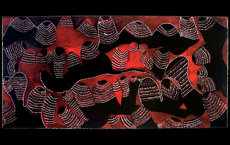 Jack Britten Purnululu Bungle Bungles 1984 earth pigment painting showing the striped ranges of Gija Country