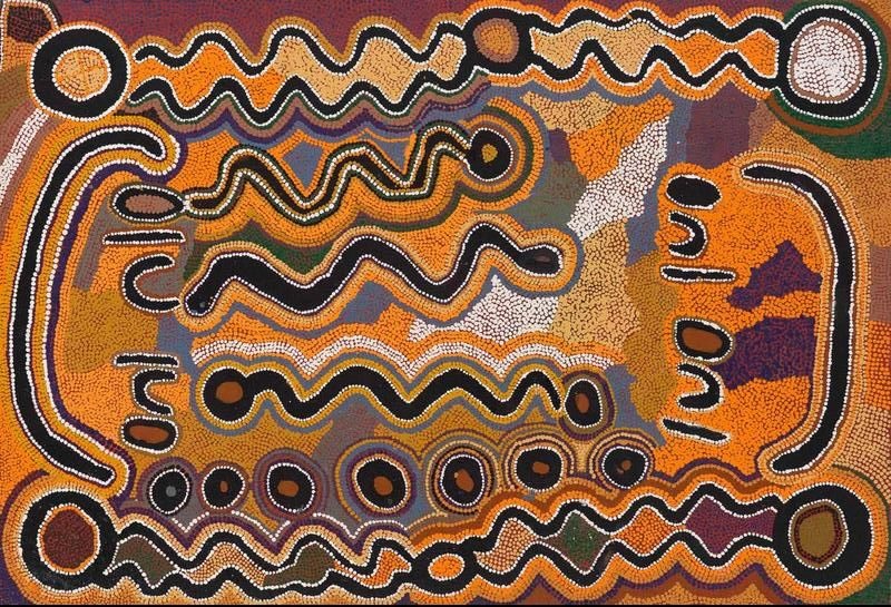 Judy Watson Napangardi painting Mina Mina Dreaming, 1994, with black and white wavy lines, circular motifs and U-shaped forms over densely dotted fields of orange, brown, purple, grey and ochre.