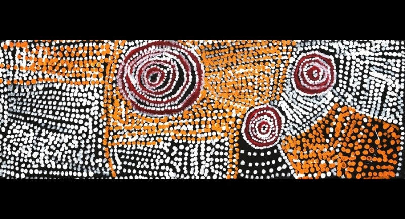 Rockholes Near the Olgas 2008 by Bill Whiskey Tjapaltjarri, with four concentric rockholes amid orange, black and white dotted Country