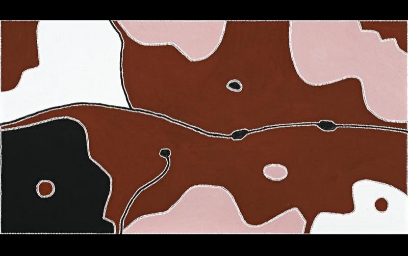 Freddie Timms Horse Yard, 2007 – aerial East Kimberley landscape showing tracks, waterholes and areas of red, pink, black and white Country<br />
