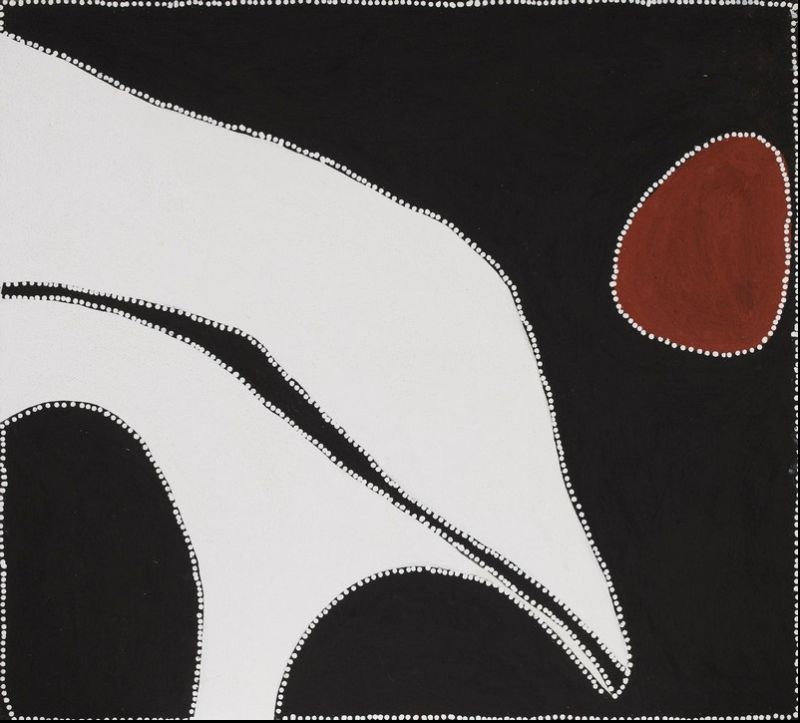 Abstract Aboriginal painting with a black background intersected by two broad sweeping white bands that curve diagonally from the upper left toward the lower centre. Two large black rounded forms emerge from the lower edge, while a single reddish-brown oval floats near the upper right corner. Fine white dots outline every major shape and the border, creating a bold composition with strong contrast between black, white and red.