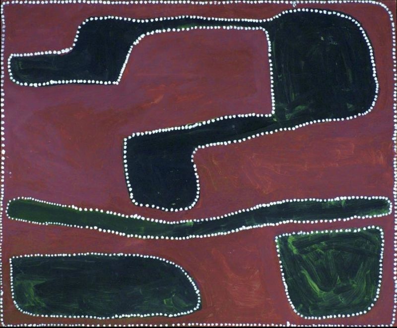Abstract Aboriginal painting with a rich reddish-brown background. Large black shapes outlined with fine white dots occupy the upper, centre and lower edges of the composition. A long narrow black band runs horizontally across the middle, separating the upper and lower forms. The painting uses a restrained palette of black, reddish brown and white, with broad open spaces that emphasise the bold geometric design.