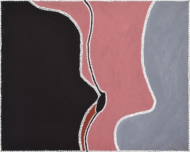 Freddie Timms Woondawoon – Charlie Bight 2000, Aboriginal ochre painting with large black, pink and grey shapes outlined by white dots