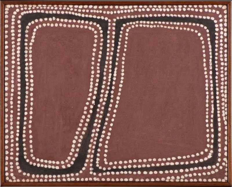 Rover Thomas painting with two large brown rectangular forms bordered by black bands and rows of white ochre dots.