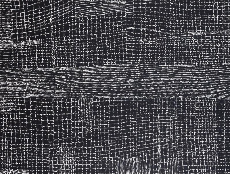 Abstract painting on a black background covered with thousands of tiny white dots forming an intricate network of intersecting horizontal and vertical lines. A broad horizontal band of densely packed dots runs across the centre, dividing the composition and creating the impression of a shimmering salt pan cutting through an aerial landscape.