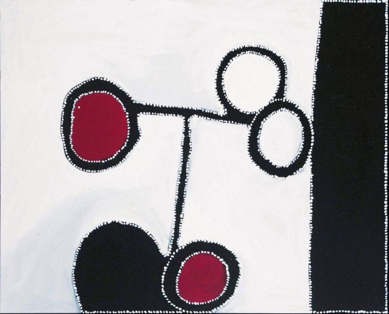 Abstract Aboriginal painting by Paddy Bedford featuring red and white waterhole forms linked by black pathways on a white ochre ground with a bold vertical black band.