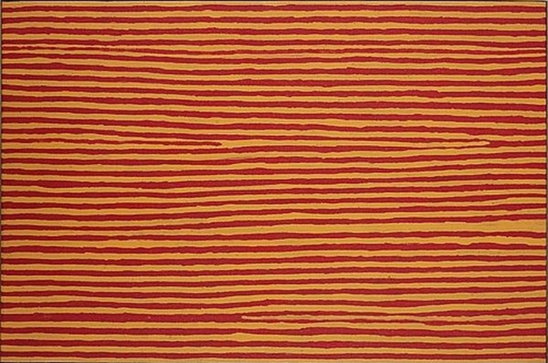 Turkey Tolson Tjupurrula Illyingaungau / Straightening Spears 1999 Aboriginal painting with flowing horizontal red lines across a golden ochre ground in the artist's signature minimalist Pintupi style.
