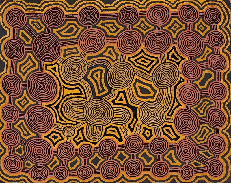 Ronnie Tjampitjinpa’s Untitled (Tingari Story) (1988), densely patterned with interconnected concentric circles, parallel lines and angular geometric forms in red, yellow and black.