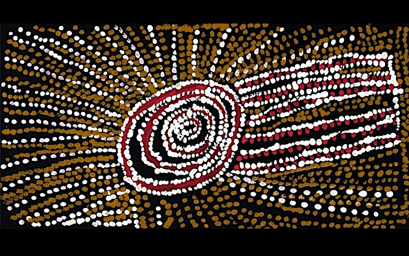 Rockholes Near the Olgas 2008 by Bill Whiskey Tjapaltjarri, with a central concentric rockhole surrounded by radiating red, ochre and white dotted lines.