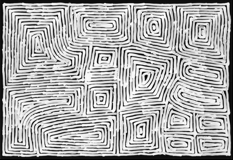George Tjungurrayi Tingari 2020 acrylic on linen black and white parallel line Western Desert painting