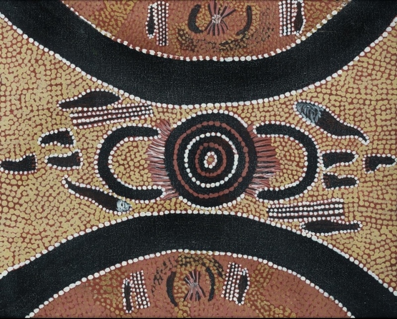 Turkey Tolson Tjupurrula Wati Kutjara at Lampintja (Pintupi) 1979 Papunya painting depicting the Two Men Dreaming with ceremonial symbols and footprints.