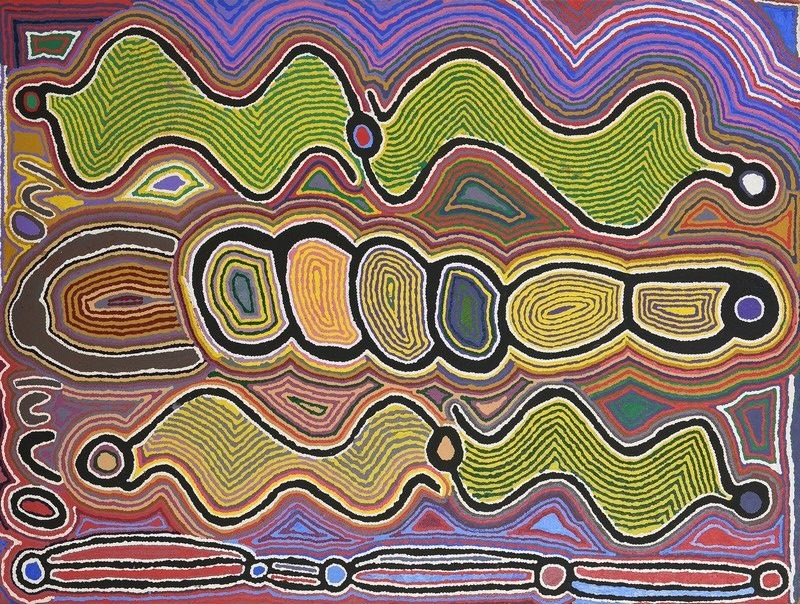 Judy Watson Napangardi painting Snake Vine Dreaming, 1998, with large undulating green and yellow forms, a central chain of concentric oval shapes and dense multicoloured contour lines.