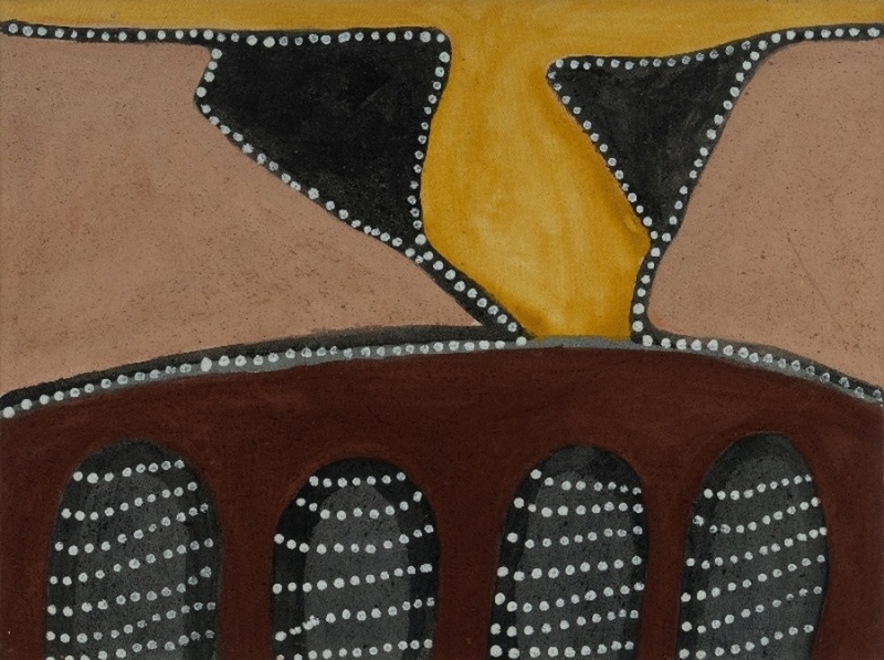 Ngarrgoorliny Munbin, Purnululu, 2002 by Jack Britten, with four dark striped domes below a large yellow central form framed by black, pink and red ochre shapes.