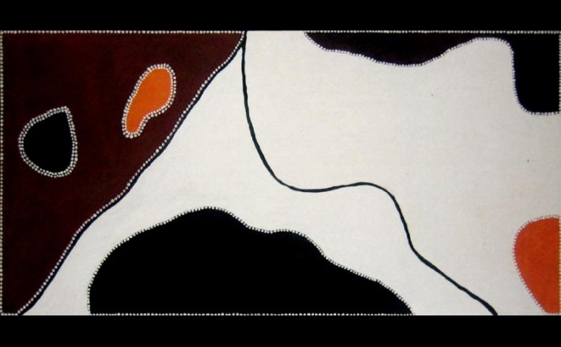 Freddie Timms Jiliwal Country – Foal Creek, 1994, ochre painting with broad white, black and red-brown fields, orange forms and dotted boundaries
