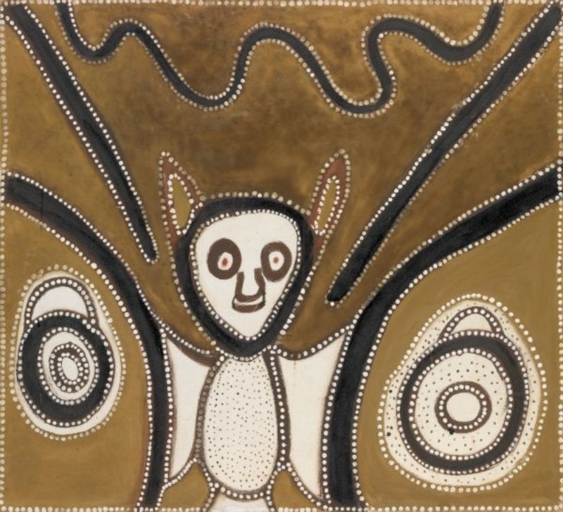 Rover Thomas ochre painting of a large white owl with raised wings between two concentric oval forms, beneath a winding black line on an olive-brown ground.
