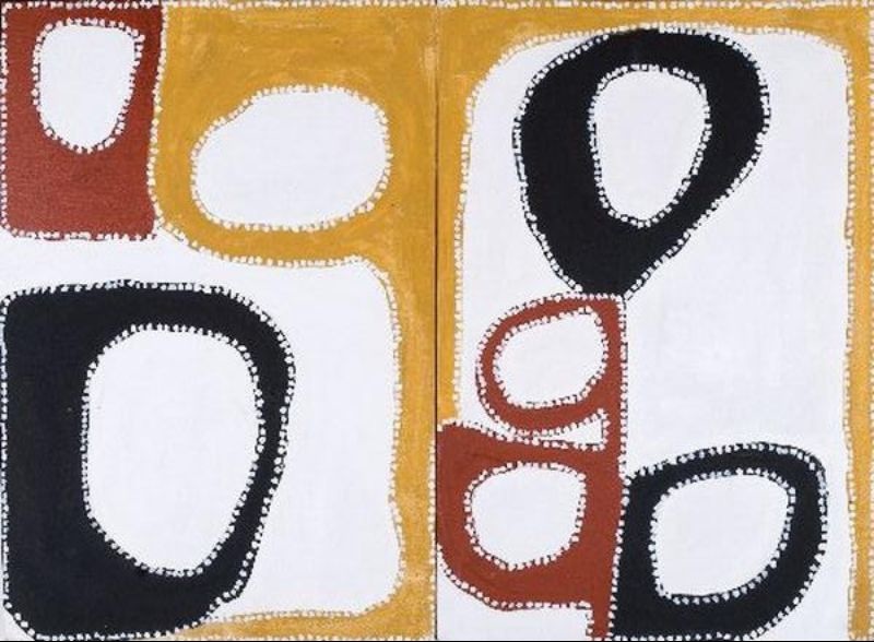 Diptych Aboriginal painting made from two vertical panels. The composition uses ochre yellow, reddish brown, black and white. Large white oval and rounded shapes outlined in black are arranged across both panels, interspersed with smaller reddish-brown forms. Thin ochre borders frame the panels, and fine white dots outline every major shape, creating a balanced abstract design that suggests interconnected waterholes and caves.