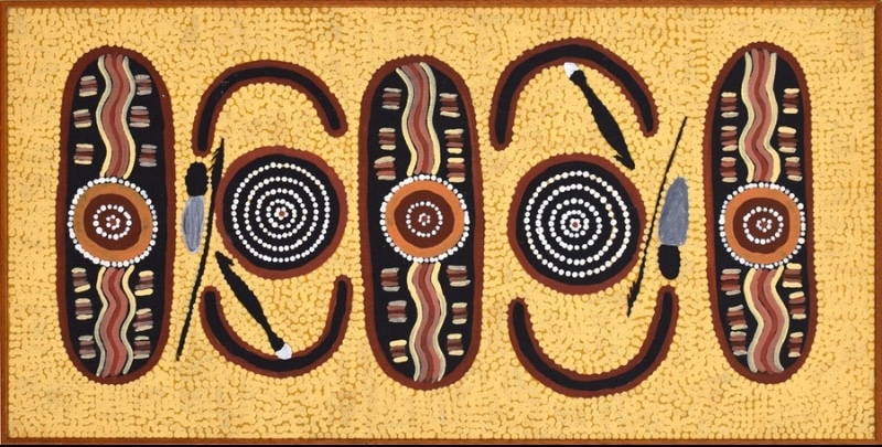 Turkey Tolson Tjupurrula Men's Initiation Ceremony, 1982. Aboriginal painting showing four elongated ceremonial forms, two concentric circles, U-shaped figures, spears and dense ochre dotting on a pale yellow background.