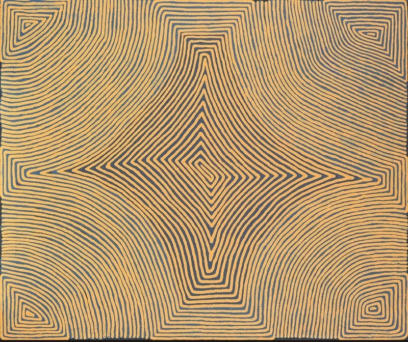 Ronnie Tjampitjinpa Tingari 2002 painting, with dense ochre and dark parallel lines bending around a central four-pointed geometric form and smaller corner motifs.