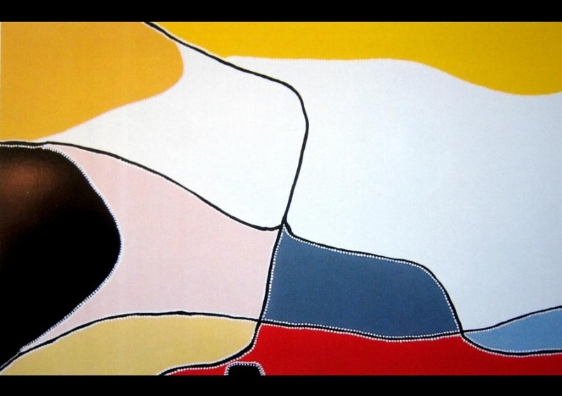 Freddie Timms Lissadel Station, 1997, painting with yellow, white, pale pink, blue, black and red fields divided by fine dotted boundaries and black lines