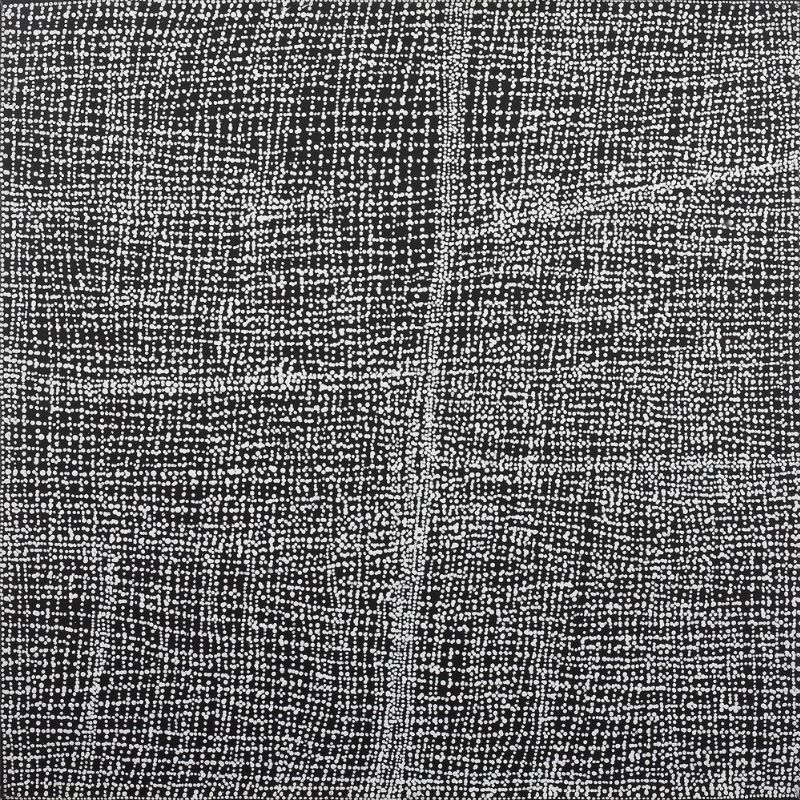 Dorothy Napangardi Karntakurlangu Jukurrpa 2000 acrylic on linen featuring a dense field of finely dotted white grids on a black ground representing the Women's Dreaming at Mina Mina.