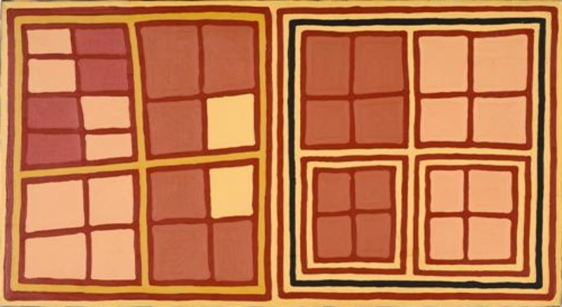 Turkey Tolson Tjupurrula Tingarri 2000 Aboriginal painting with paired geometric ceremonial designs in ochre, cream, pink and brown representing the Tingari ancestors.