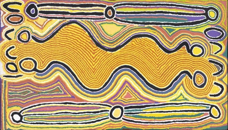 Judy Watson Napangardi painting from 1999 with a large undulating ochre form surrounded by parallel lines, elongated horizontal motifs and U-shaped forms in yellow, white, black, green and purple.