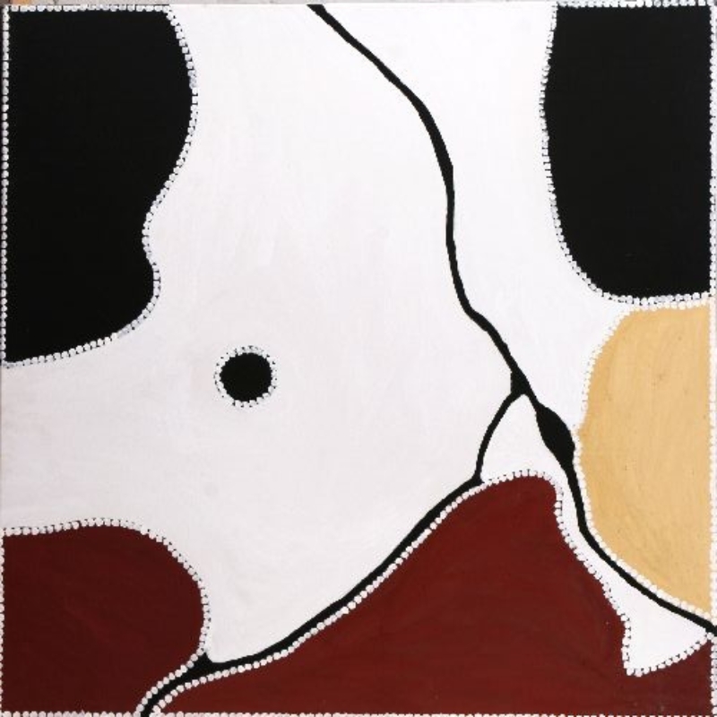 Freddie Timms Nine Mile Red Butte 2001, Aboriginal ochre painting with large white, black, red and yellow shapes divided by black lines and white dots
