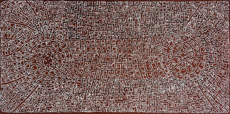 Dorothy Napangardi Women's Ceremony 1998 acrylic on canvas featuring two concentric ceremonial designs linked by finely dotted pathways across a red ground.