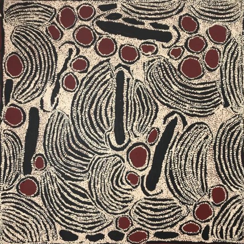 Ningura Napurrula My Country, 2007, with black elongated forms, red ovals and layered curved motifs defined by dense white dotting.
