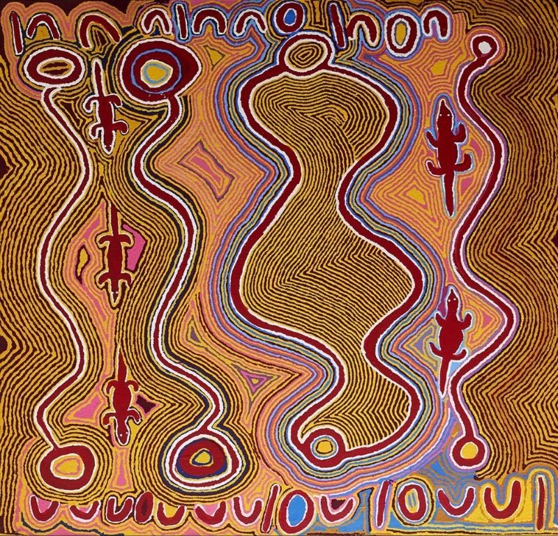Judy Watson Napangardi painting with large sinuous ochre forms, red lizard-like figures, circular and U-shaped motifs, and dense flowing lines in ochre, red, pink, blue and white.