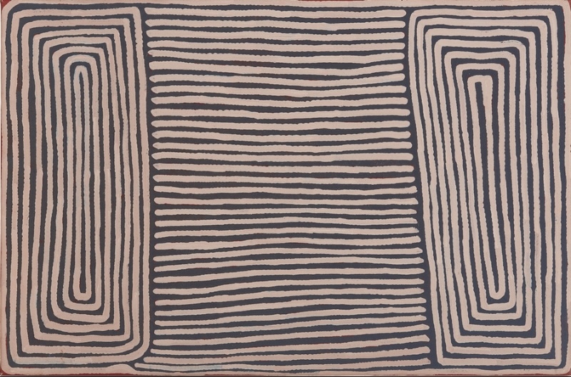 Ronnie Tjampitjinpa Ninu (Greater Bilby) Dreaming at Tjiturrulnga 1999 painting, with two elongated concentric forms flanking a central field of closely spaced horizontal black lines.