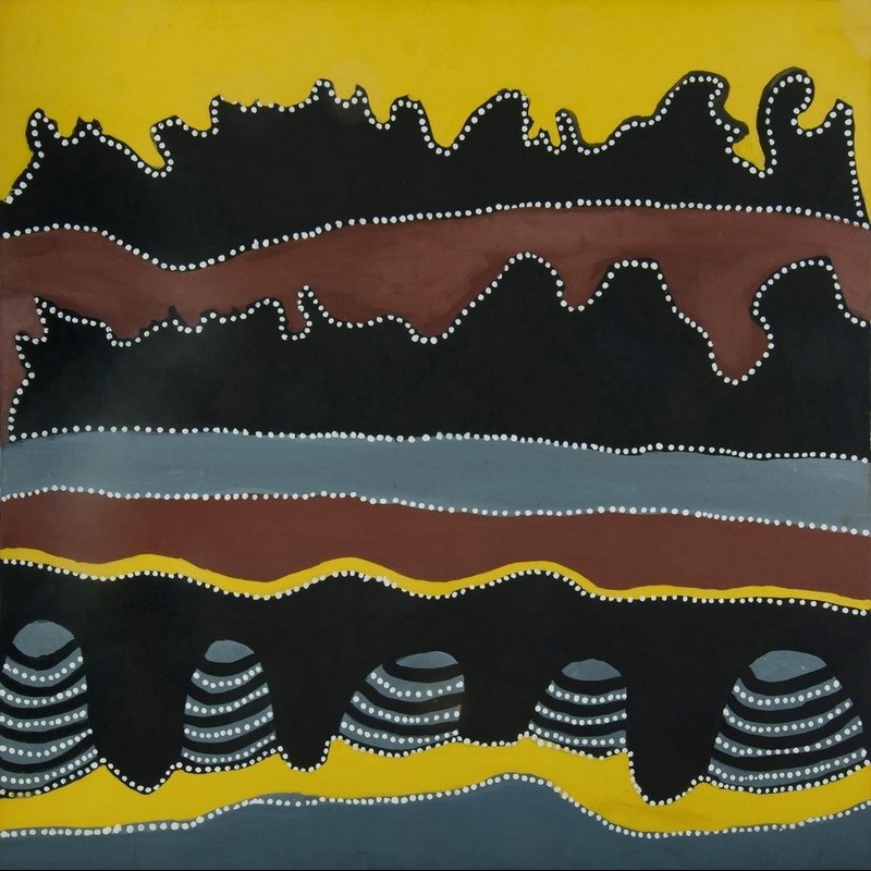 Untitled, 2000 by Jack Britten, with layered black ranges and blue-grey bands above five striped rounded hills against a vivid yellow ochre ground.