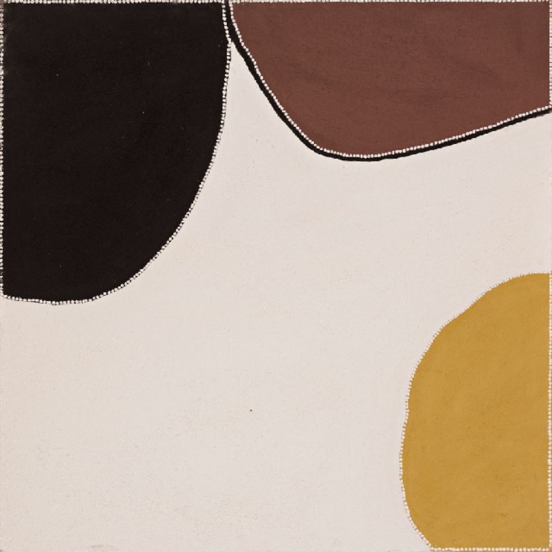 Freddie Timms Claypan (Lissadell), 1995, ochre painting with expansive white claypan and black, brown and yellow fields outlined by fine white dots