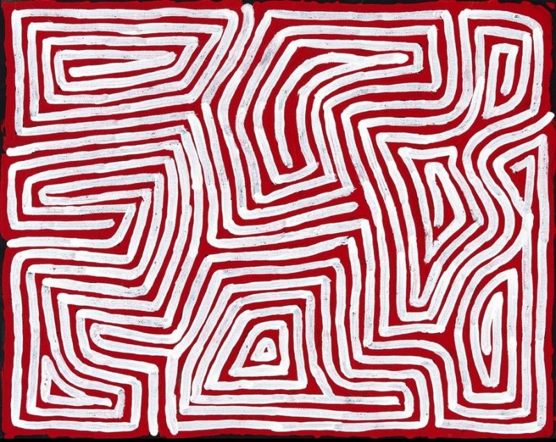 George Tjungurrayi Tingari 2021 acrylic on linen with red and white abstract parallel line painting