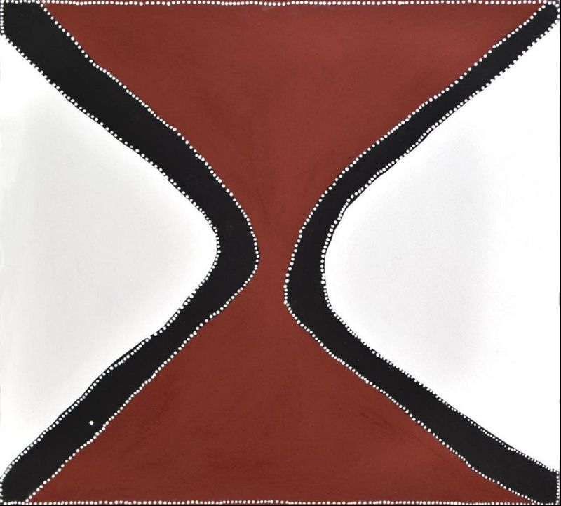 Minimalist Aboriginal painting with two large white areas separated by a broad reddish-brown hourglass shape that narrows at the centre. Thick black bands follow each side of the hourglass, creating sweeping diagonal curves from the corners toward the middle. Fine white dots outline the black bands and the outer border, producing a bold composition with strong contrast between black, white and reddish brown.