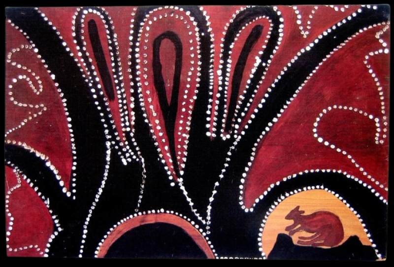 Jack Britten Untitled Kangaroo Story 1987 earth pigment painting with kangaroo figure and East Kimberley imagery