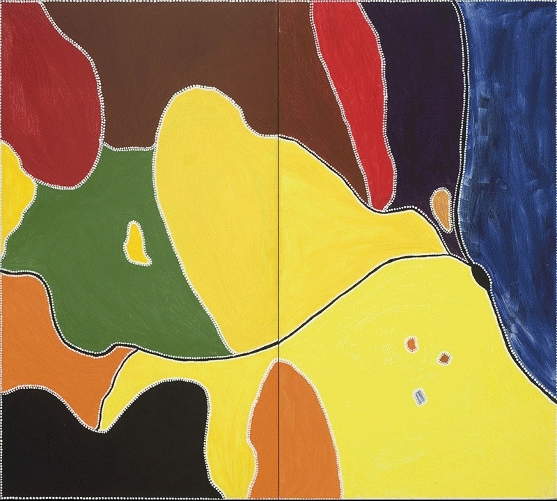 Freddie Timms Untitled, 1996, diptych with vivid yellow, green, blue, red, orange, brown and black fields outlined by fine white dots