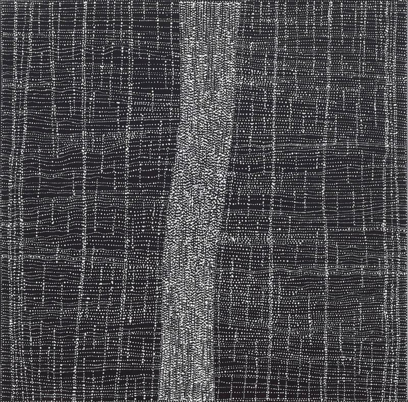 Abstract painting of tiny white dots on a black background. A broad vertical band of densely packed dots runs through the centre, surrounded by finer intersecting dotted lines that form a delicate grid across the canvas.