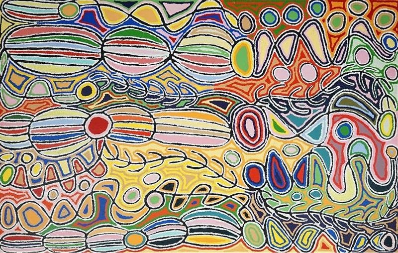 Colourful Aboriginal painting by Judy Napangardi Watson filled with horizontal bands of rounded forms, circles, leaf-like motifs and winding lines outlined in black and white, in red, green, yellow, blue and pink.