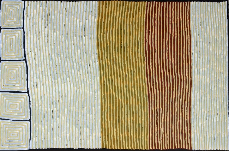 Ronnie Tjampitjinpa Tingari Cycle 2001 painting, with five concentric rectangular motifs beside broad vertical fields of fine white, ochre and red parallel lines.