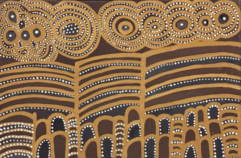 Coongulanariny (Bush Matches), 1998 by Jack Britten, with concentric circular forms above sweeping horizontal bands and rows of rounded hills in yellow, brown, black and white ochres.