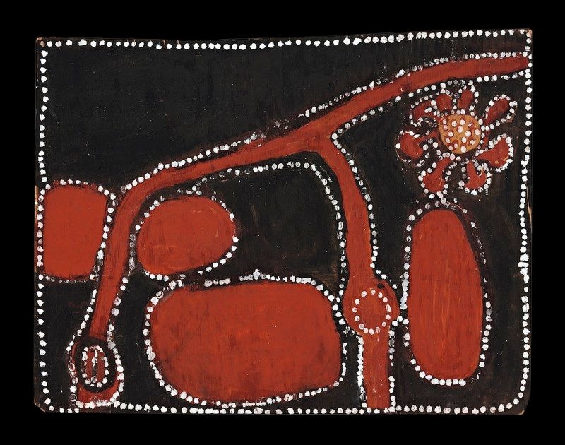 Abstract Aboriginal painting on a black background. Large rounded red ochre shapes fill the lower half and left side, connected by branching red lines that sweep diagonally across the composition. A circular flower-like motif with eight rounded petals appears in the upper right corner. All major shapes are outlined with evenly spaced white dots, creating strong contrast between the black, red ochre and white colours.