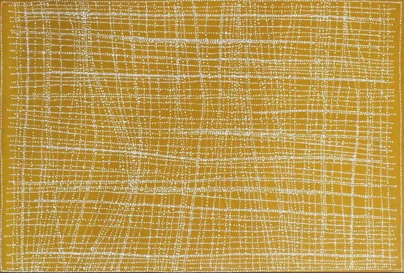 Abstract painting with thousands of tiny white dots arranged in a delicate network of intersecting horizontal and vertical lines across a warm golden-yellow background. The fine grid gently bends and shifts across the surface, evoking the intricate patterns of cracked salt flats viewed from above.