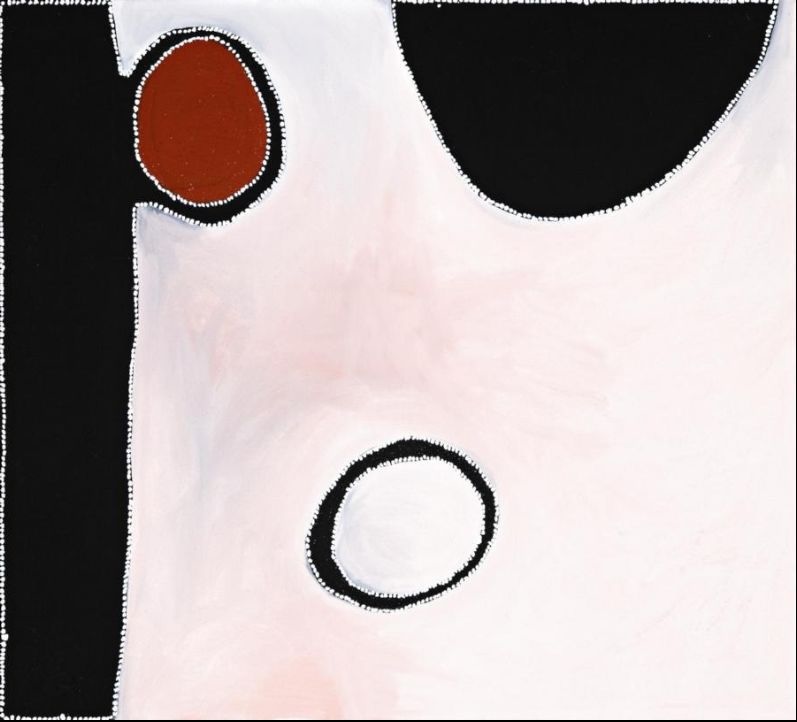 Abstract Aboriginal painting by Paddy Bedford with monumental black forms, a red ochre waterhole, soft pink and white washes and minimalist composition representing Mud Springs in Gija Country.