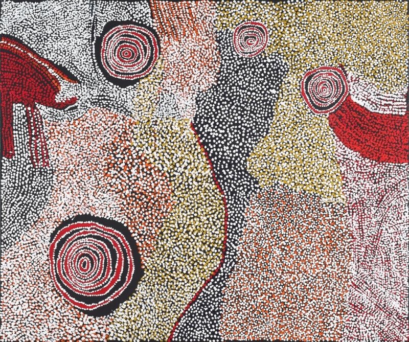 Rockholes Near the Olgas 2008 by Bill Whiskey Tjapaltjarri, depicting rockholes and ancestral Country in red, ochre, black and white.