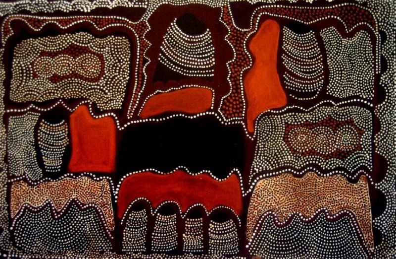 Jack Britten Frog Hollow c. 1991 earth pigment painting depicting Frog Hollow Country near Warmun in the East Kimberley