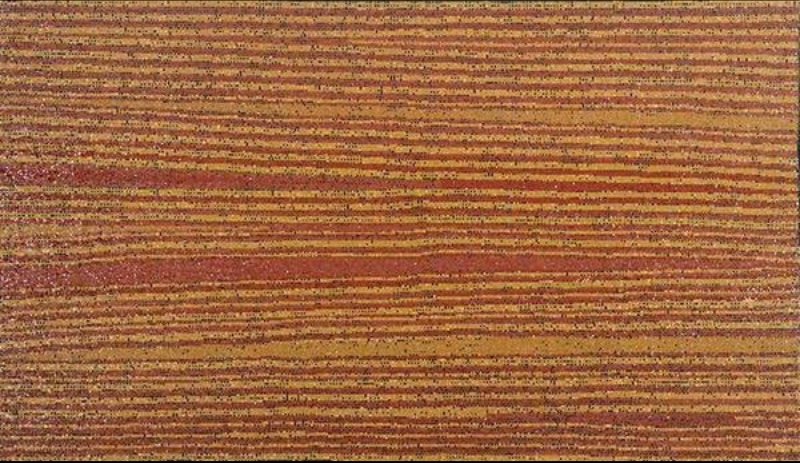 Turkey Tolson Tjupurrula Men's Ceremony 2001 Aboriginal painting with shimmering horizontal dotted bands in ochre, red and brown representing ceremonial spear straightening at Illyingaungau.