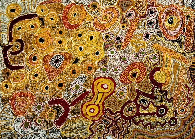 Wimmitji Tjapangarti's Artist's Country, with dense yellow, white and red dotting surrounding circular rockholes, claypan forms and winding ancestral pathways.