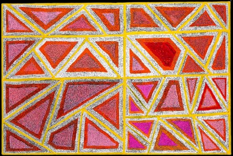 Boxer Milner’s Palleyarang (2001), with intersecting yellow and white lines dividing the canvas into irregular triangular fields densely dotted in pink, red, orange and purple.