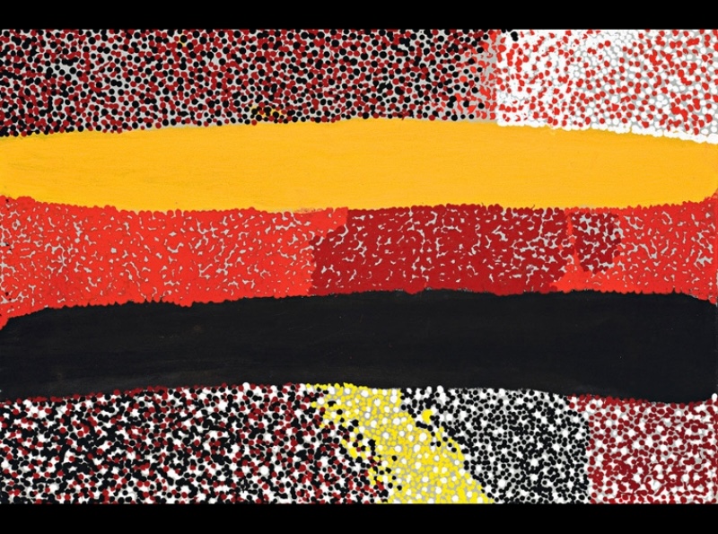 Sunfly Tjampitjin painting with broad horizontal bands of yellow, red and black between densely dotted fields of red, black, white and ochre.